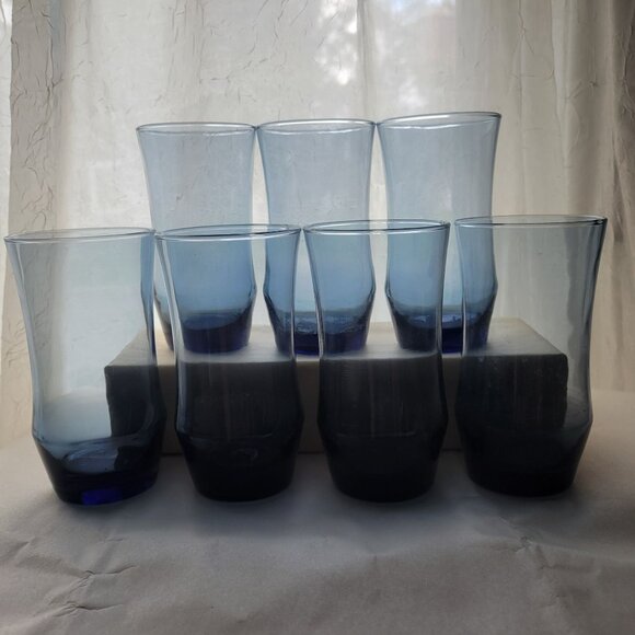 Libbey Apollo Blue Set Of 7 Vintage Blue Glass Tumblers - Picture 1 of 5